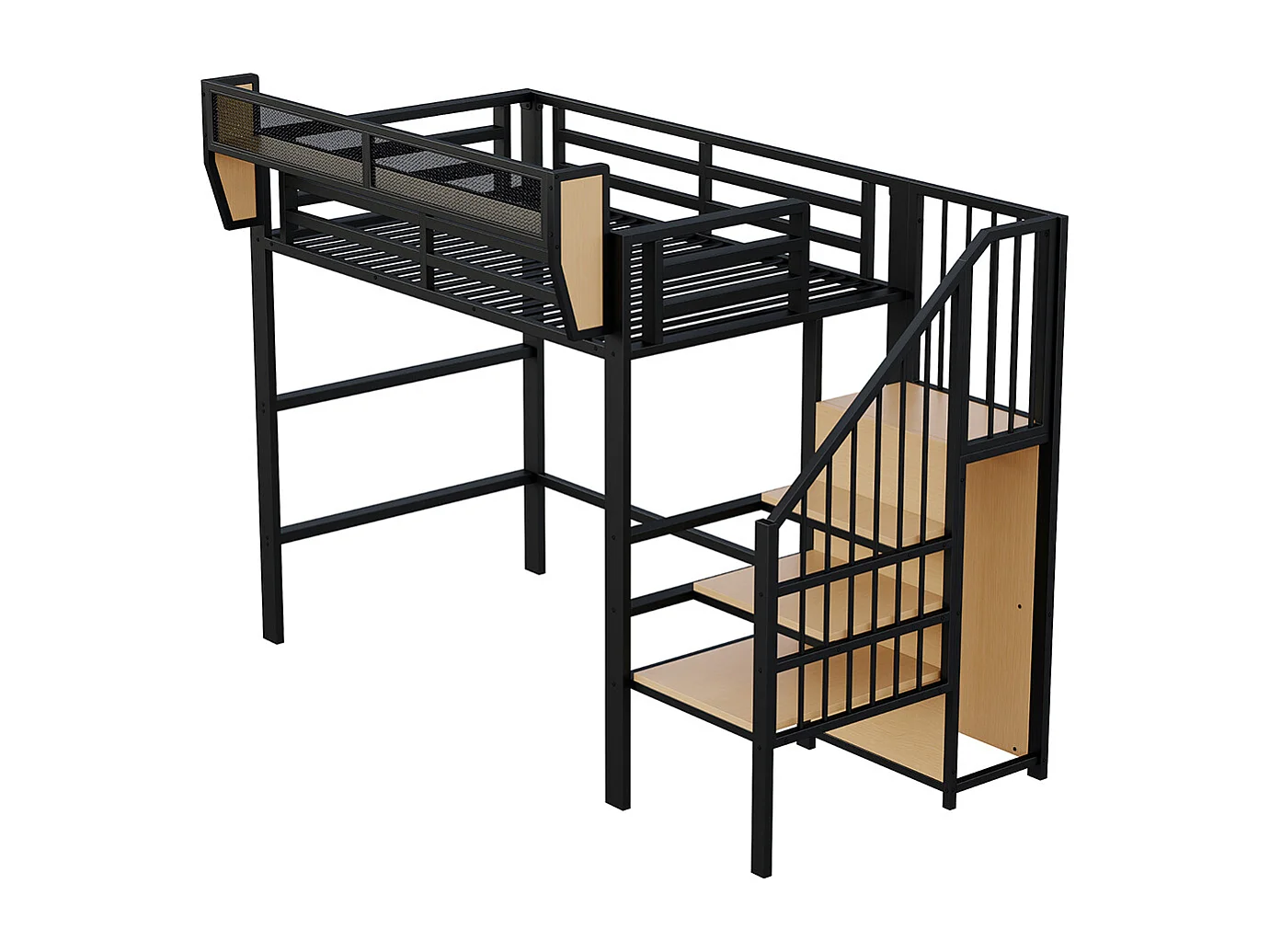Lit mezzanine 90x200cm, avec échelle de sécurité et compartiment de rangement flexible, lit en métal lit adulte lit superposé pour enfants, noir
