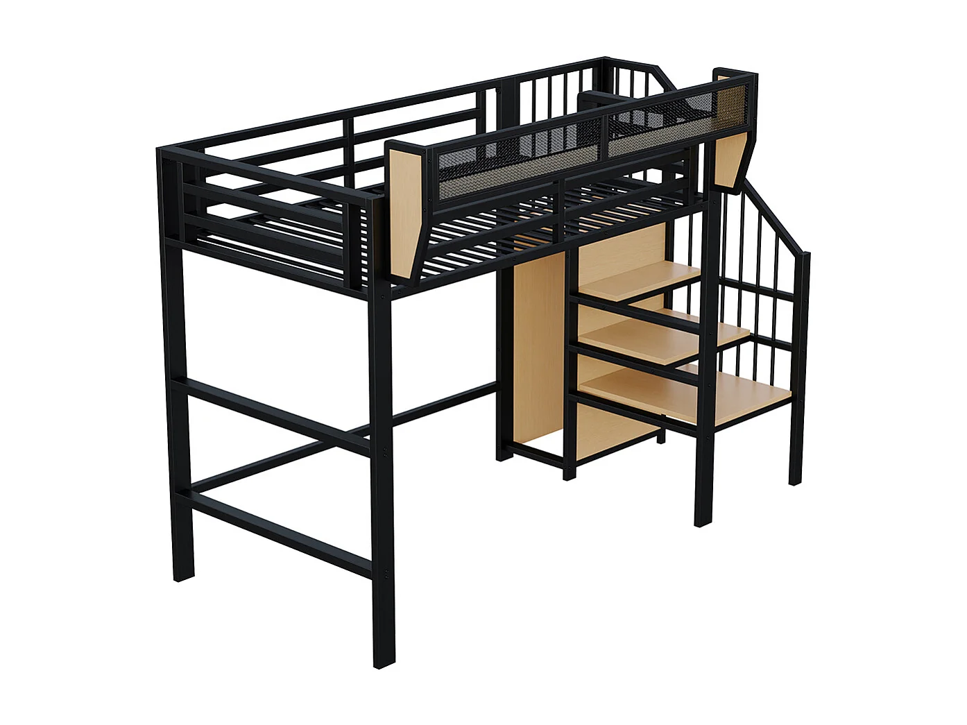 Lit mezzanine 90x200cm, avec échelle de sécurité et compartiment de rangement flexible, lit en métal lit adulte lit superposé pour enfants, noir