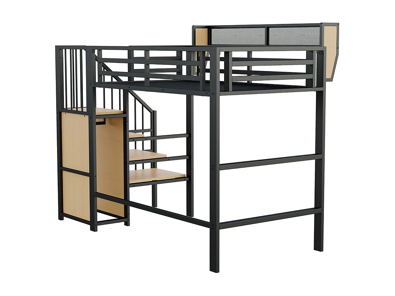 Lit mezzanine 90x200cm, avec échelle de sécurité et compartiment de rangement flexible, lit en métal lit adulte lit superposé pour enfants, noir