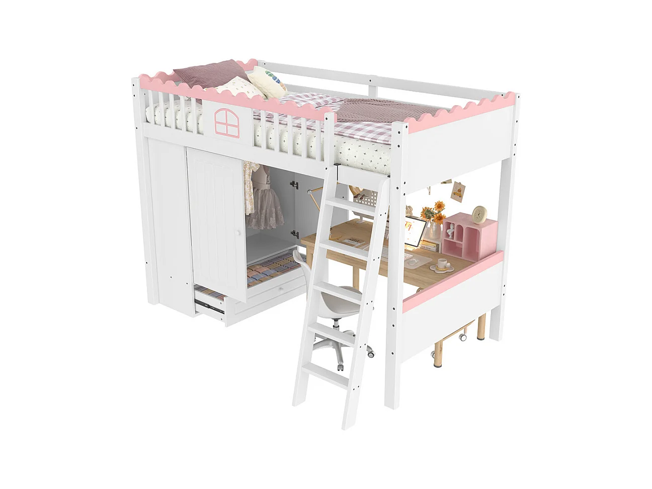 Lit mezzanine, lit d'enfant 90x200cm (sans matelas), lit simple avec éclairage led, avec armoire et tiroir de rangement, bois de pin, blanc