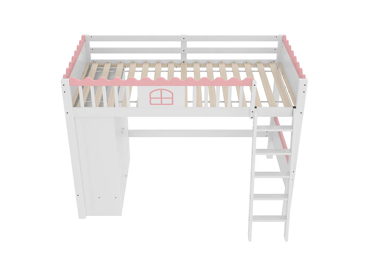 Lit mezzanine, lit d'enfant 90x200cm (sans matelas), lit simple avec éclairage led, avec armoire et tiroir de rangement, bois de pin, blanc
