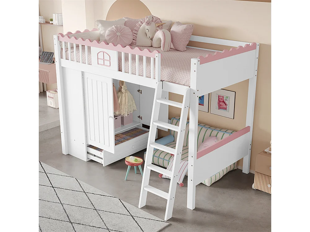 Lit mezzanine, lit d'enfant 90x200cm (sans matelas), lit simple avec éclairage led, avec armoire et tiroir de rangement, bois de pin, blanc