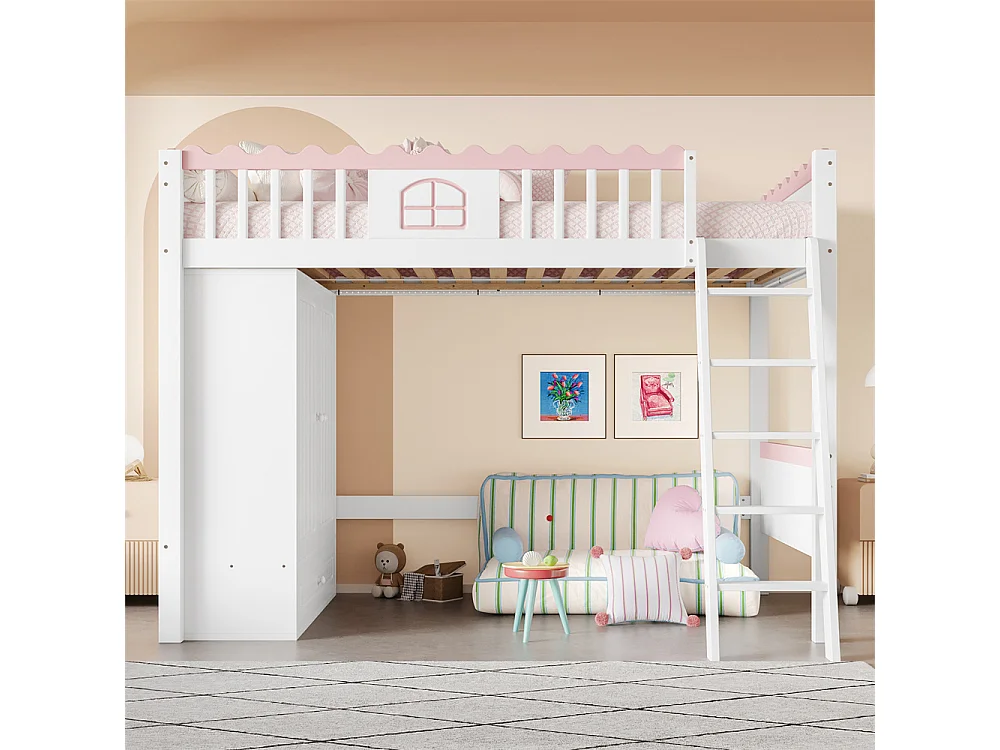 Lit mezzanine, lit d'enfant 90x200cm (sans matelas), lit simple avec éclairage led, avec armoire et tiroir de rangement, bois de pin, blanc