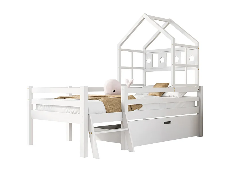 Lit jeune lit 90x200cm lit surélevé en bois massif avec échelle et tiroirs lit simple pin blanc