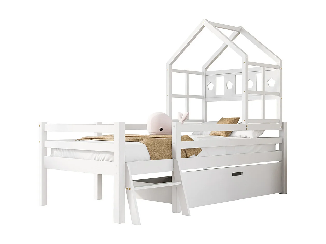 Lit jeune lit 90x200cm lit surélevé en bois massif avec échelle et tiroirs lit simple pin blanc