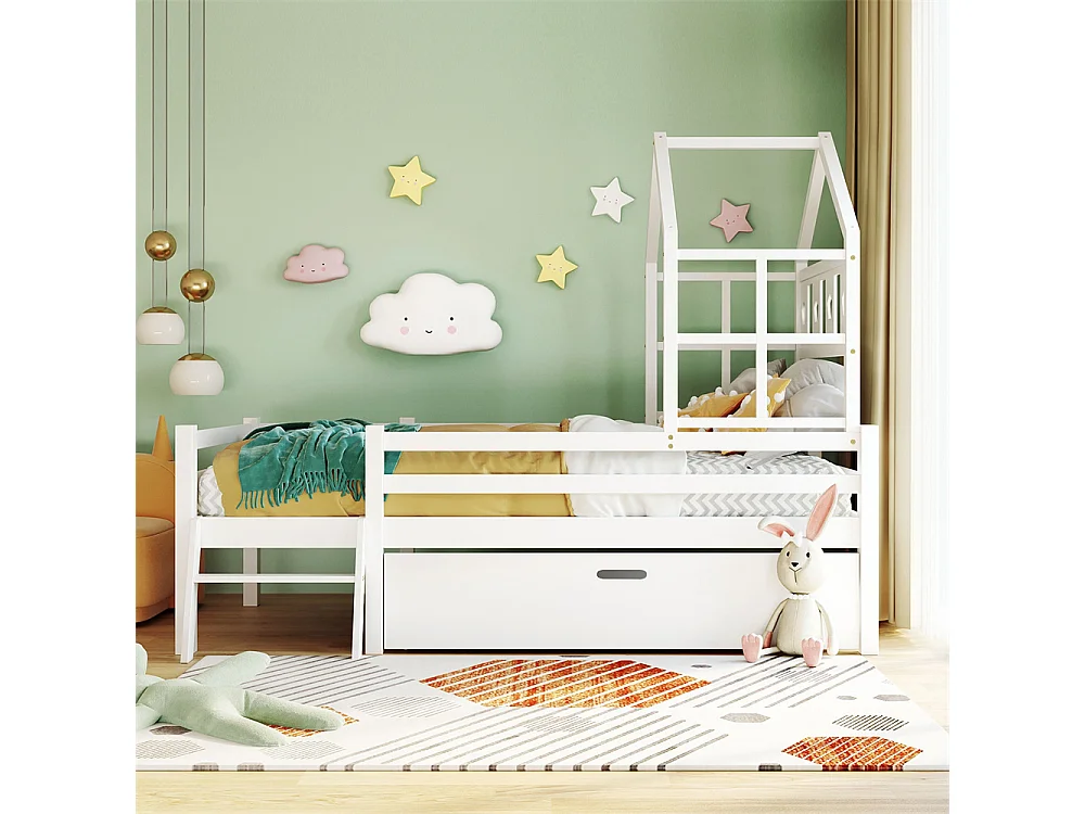 Lit jeune lit 90x200cm lit surélevé en bois massif avec échelle et tiroirs lit simple pin blanc