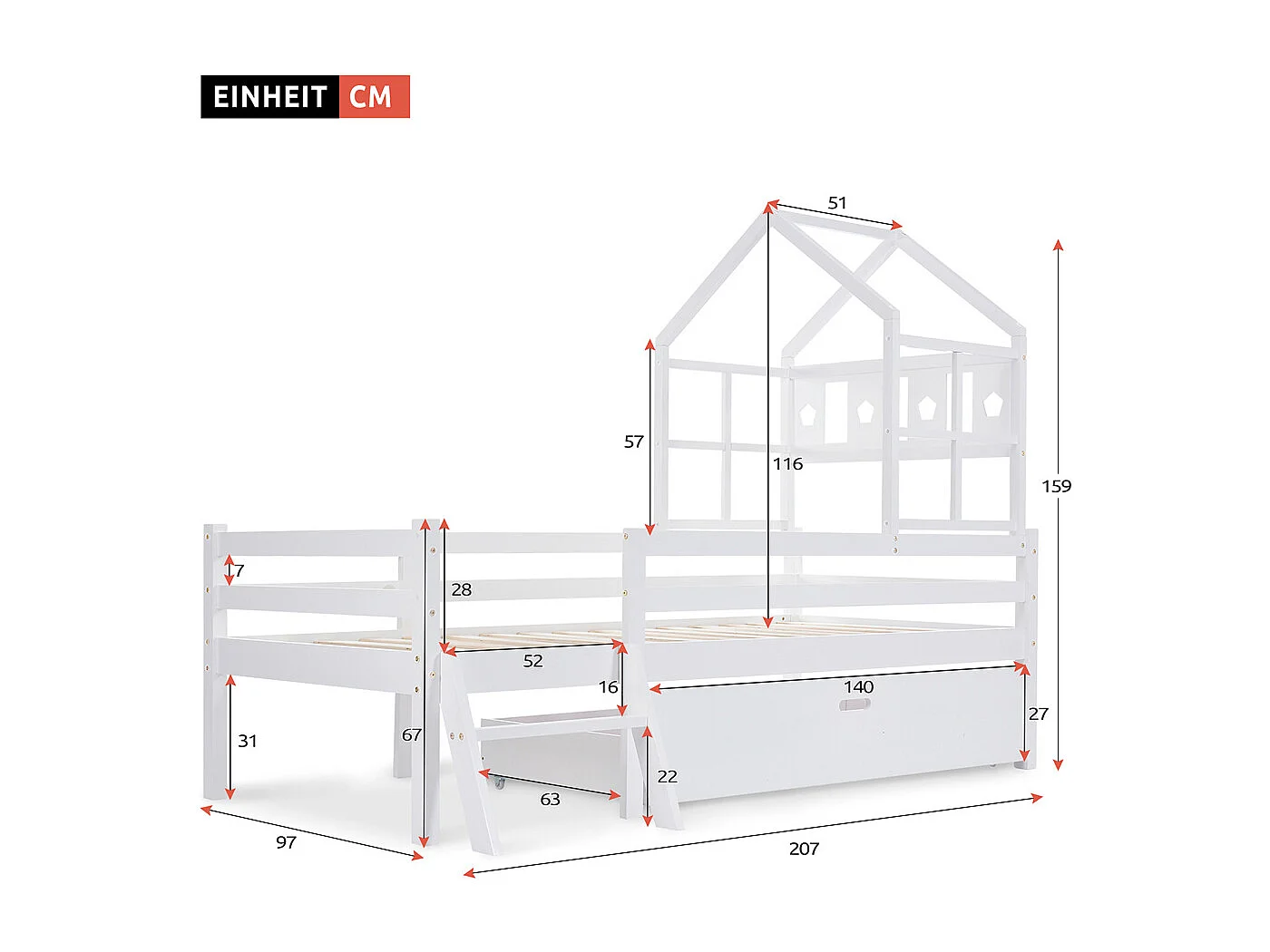Lit jeune lit 90x200cm lit surélevé en bois massif avec échelle et tiroirs lit simple pin blanc