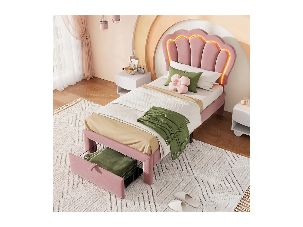 Lit jeune lit 90x200 cm lit simple lit rembourré lit sommier à lattes avec 1 tiroir velours rose