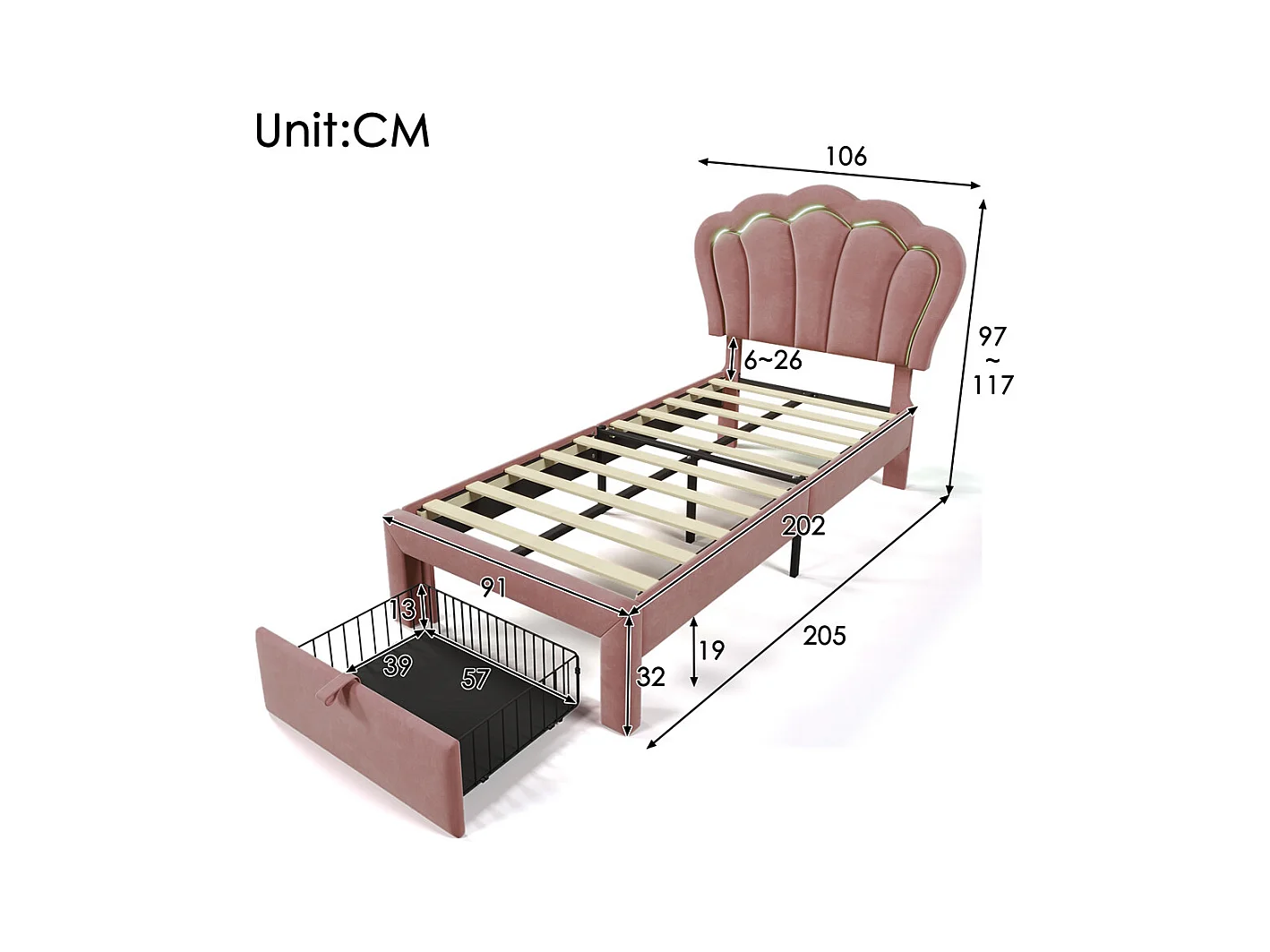 Lit jeune lit 90x200 cm lit simple lit rembourré lit sommier à lattes avec 1 tiroir velours rose