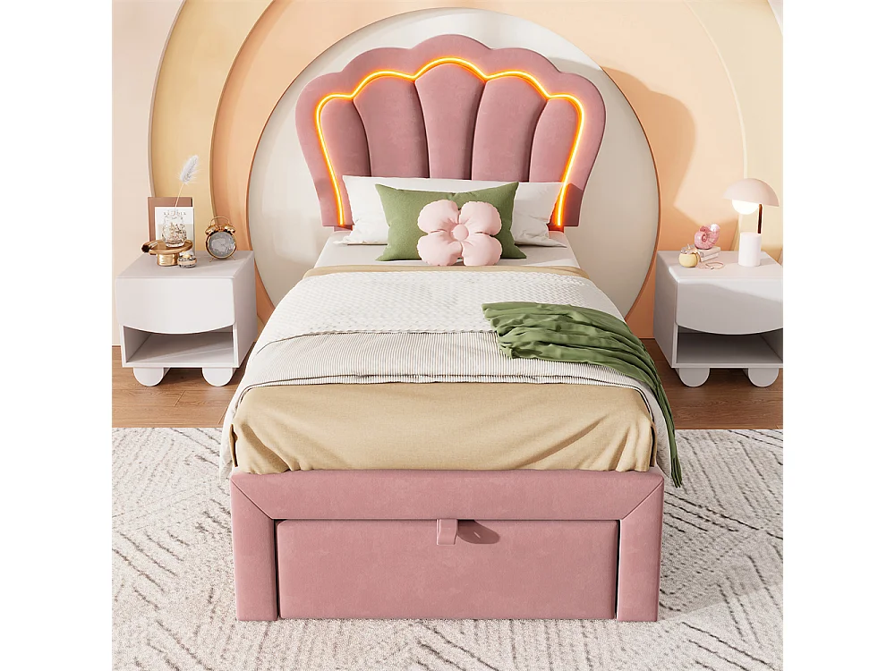 Lit jeune lit 90x200 cm lit simple lit rembourré lit sommier à lattes avec 1 tiroir velours rose