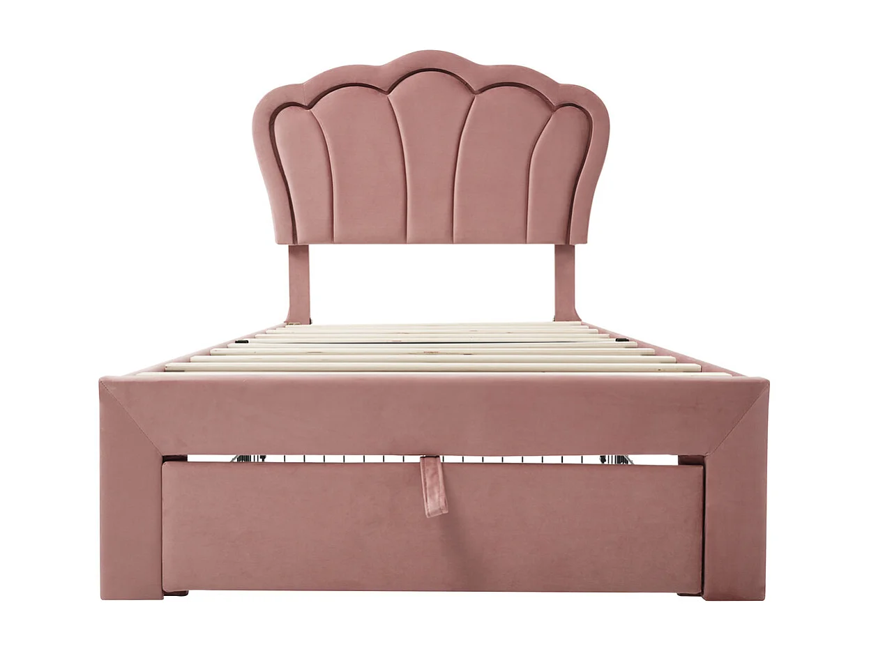 Lit jeune lit 90x200 cm lit simple lit rembourré lit sommier à lattes avec 1 tiroir velours rose