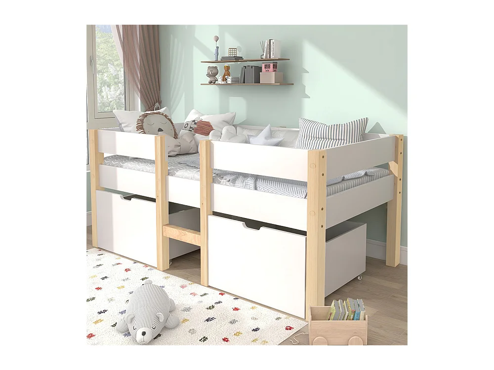 Lit jeune lit 90x190 cm lit 2 tiroirs lit enfant à lattes en bois lit protection contre les chutes lit simple bois massif blanc