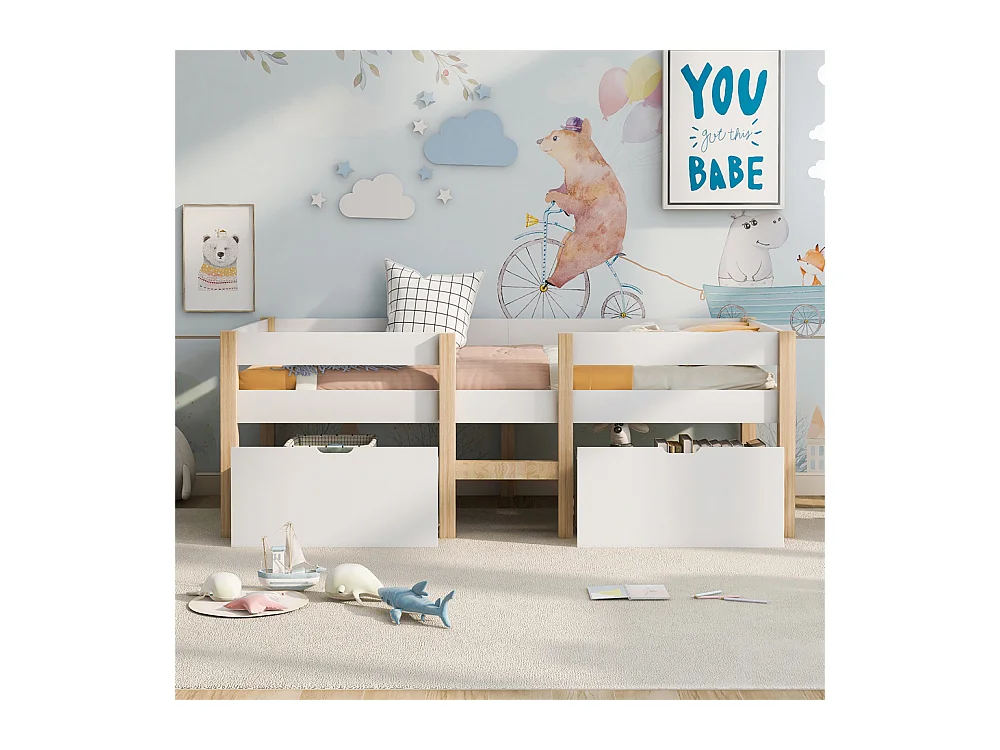 Lit jeune lit 90x190 cm lit 2 tiroirs lit enfant à lattes en bois lit protection contre les chutes lit simple bois massif blanc