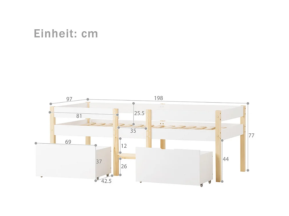 Lit jeune lit 90x190 cm lit 2 tiroirs lit enfant à lattes en bois lit protection contre les chutes lit simple bois massif blanc