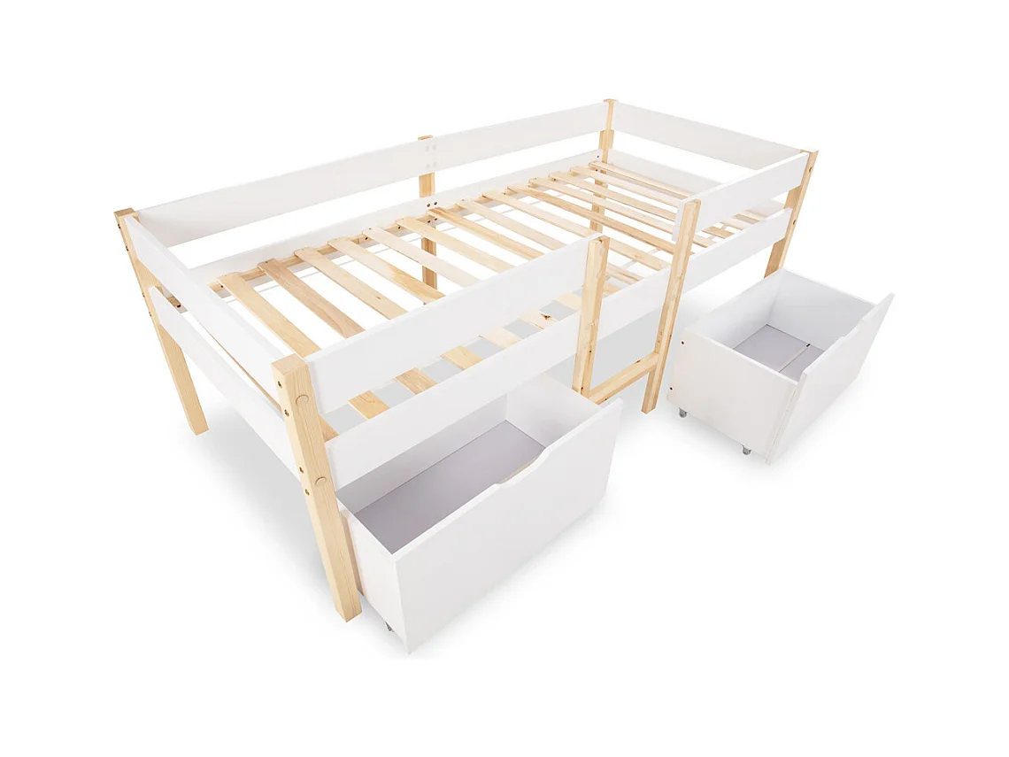 Lit jeune lit 90x190 cm lit 2 tiroirs lit enfant à lattes en bois lit protection contre les chutes lit simple bois massif blanc