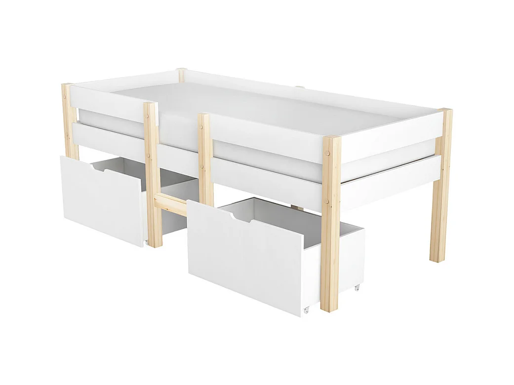 Lit jeune lit 90x190 cm lit 2 tiroirs lit enfant à lattes en bois lit protection contre les chutes lit simple bois massif blanc