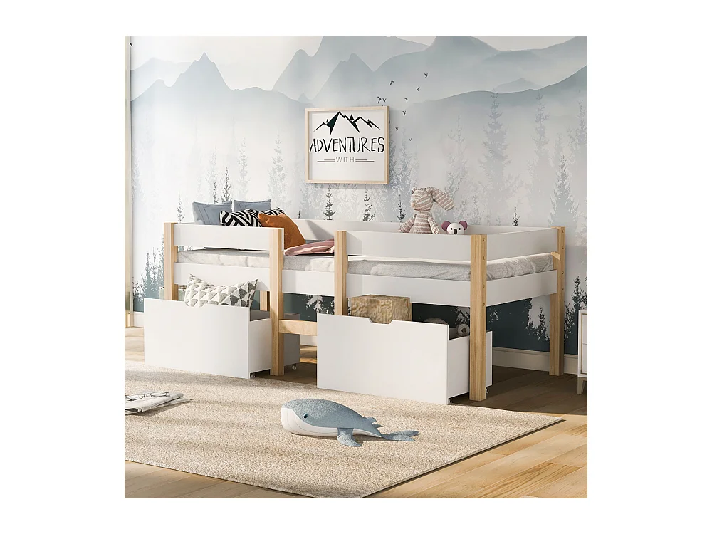 Lit jeune lit 90x190 cm lit 2 tiroirs lit enfant à lattes en bois lit protection contre les chutes lit simple bois massif blanc