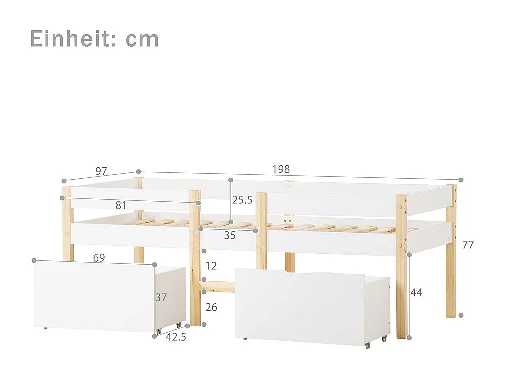 Lit jeune lit 90x190 cm lit 2 tiroirs lit enfant à lattes en bois lit protection contre les chutes lit simple bois massif blanc