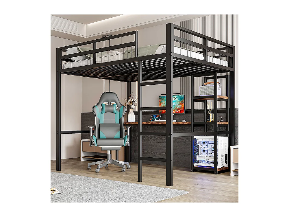 Lit mezzanine 140x200cm, avec étagères, usb type-c, balustrade, escabeau, bureau avec prise, cadre en fer, noir, sans matelas