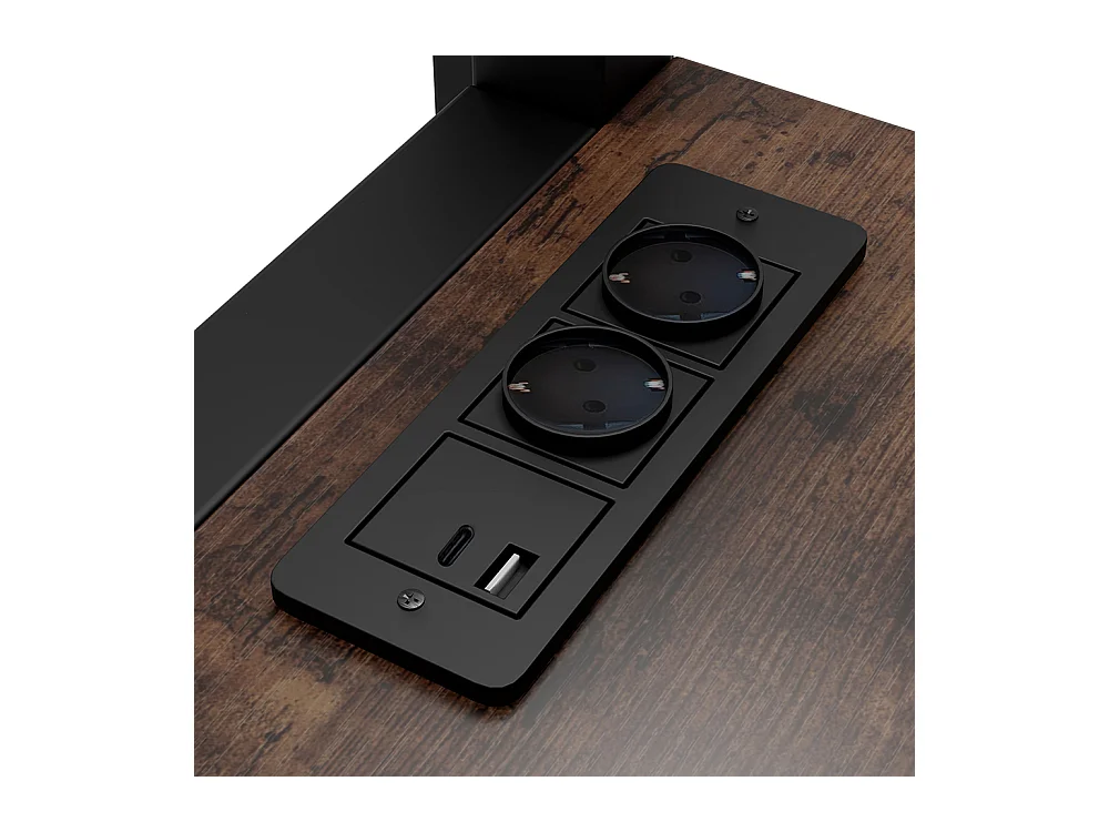 Lit mezzanine 140x200cm, avec étagères, usb type-c, balustrade, escabeau, bureau avec prise, cadre en fer, noir, sans matelas