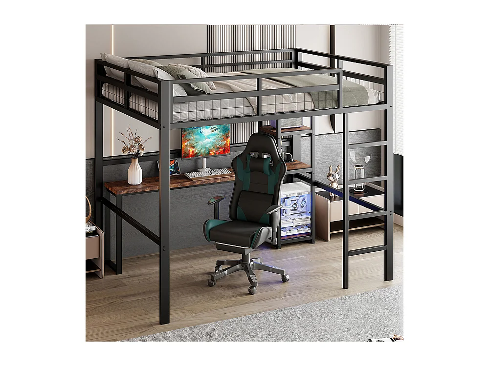 Lit mezzanine 140x200cm, avec étagères, usb type-c, balustrade, escabeau, bureau avec prise, cadre en fer, noir, sans matelas