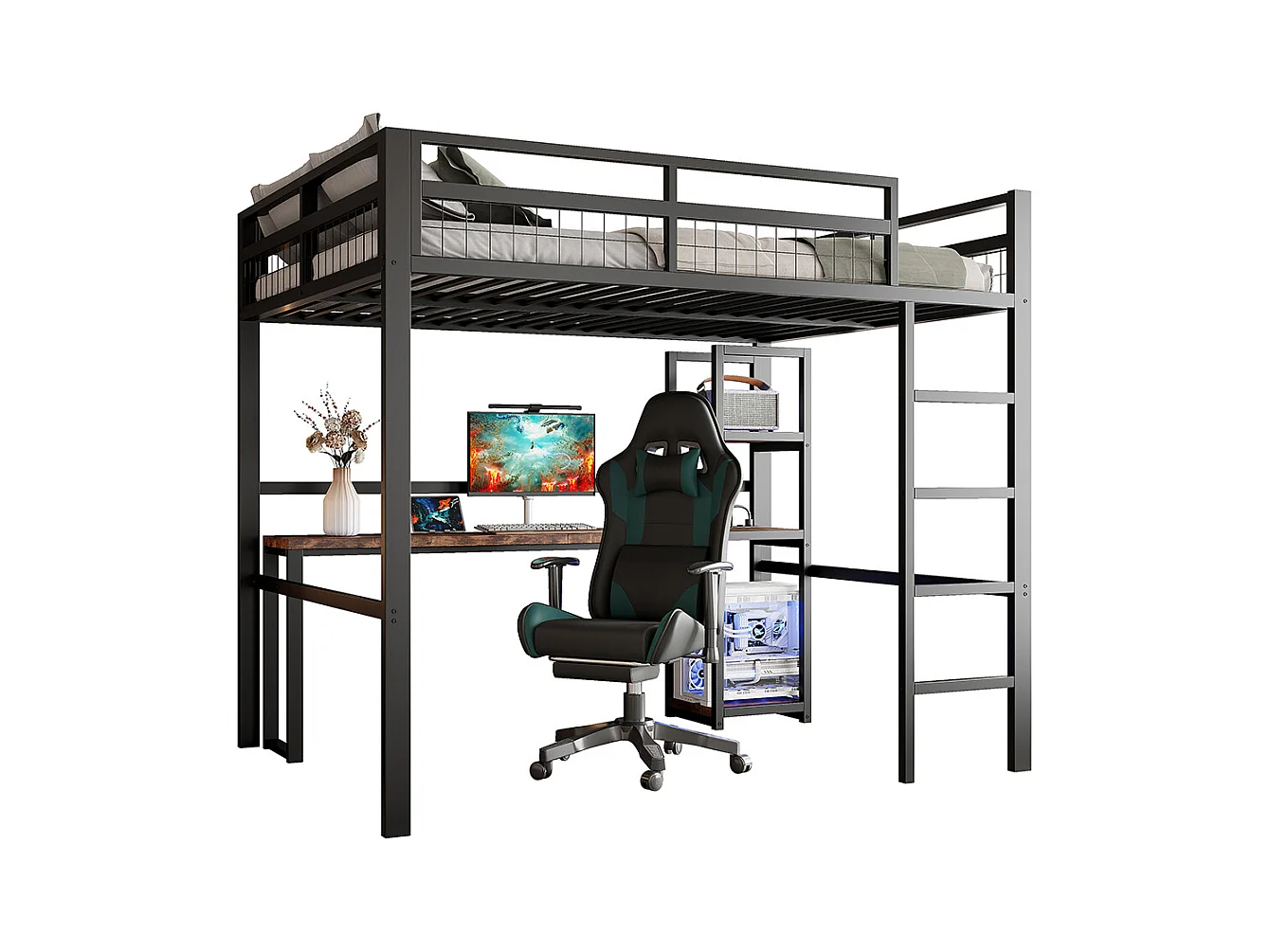 Lit mezzanine 140x200cm, avec étagères, usb type-c, balustrade, escabeau, bureau avec prise, cadre en fer, noir, sans matelas