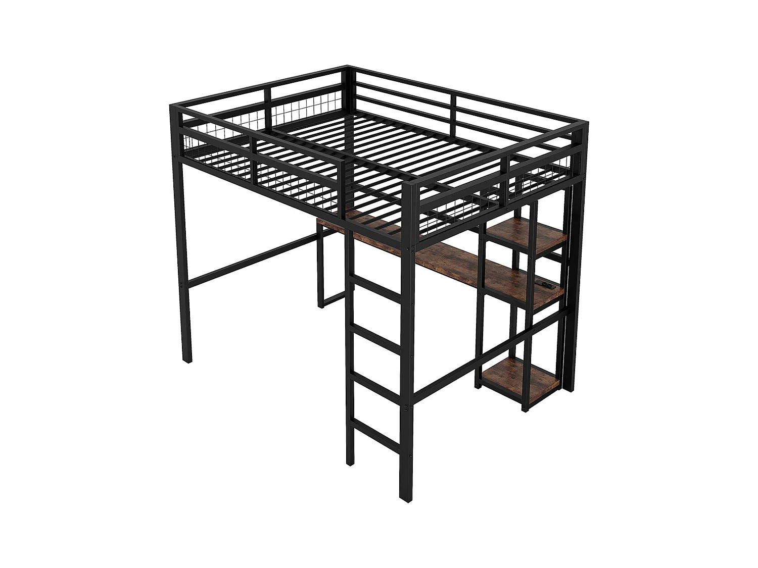 Lit mezzanine 140x200cm, avec étagères, usb type-c, balustrade, escabeau, bureau avec prise, cadre en fer, noir, sans matelas