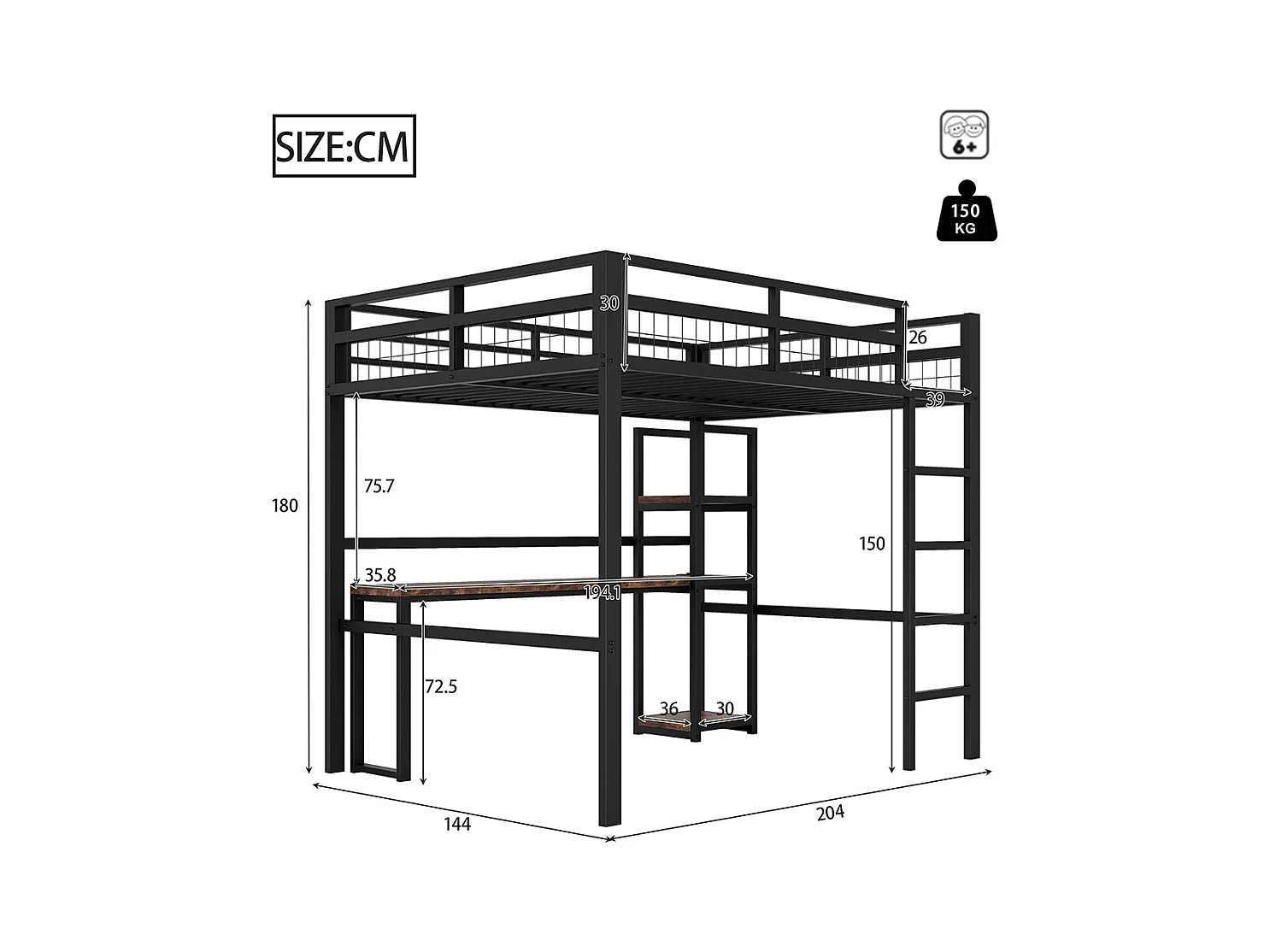 Lit mezzanine 140x200cm, avec étagères, usb type-c, balustrade, escabeau, bureau avec prise, cadre en fer, noir, sans matelas