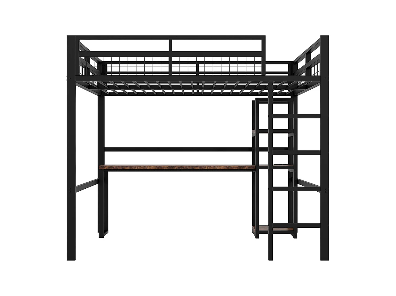 Lit mezzanine 140x200cm, avec étagères, usb type-c, balustrade, escabeau, bureau avec prise, cadre en fer, noir, sans matelas