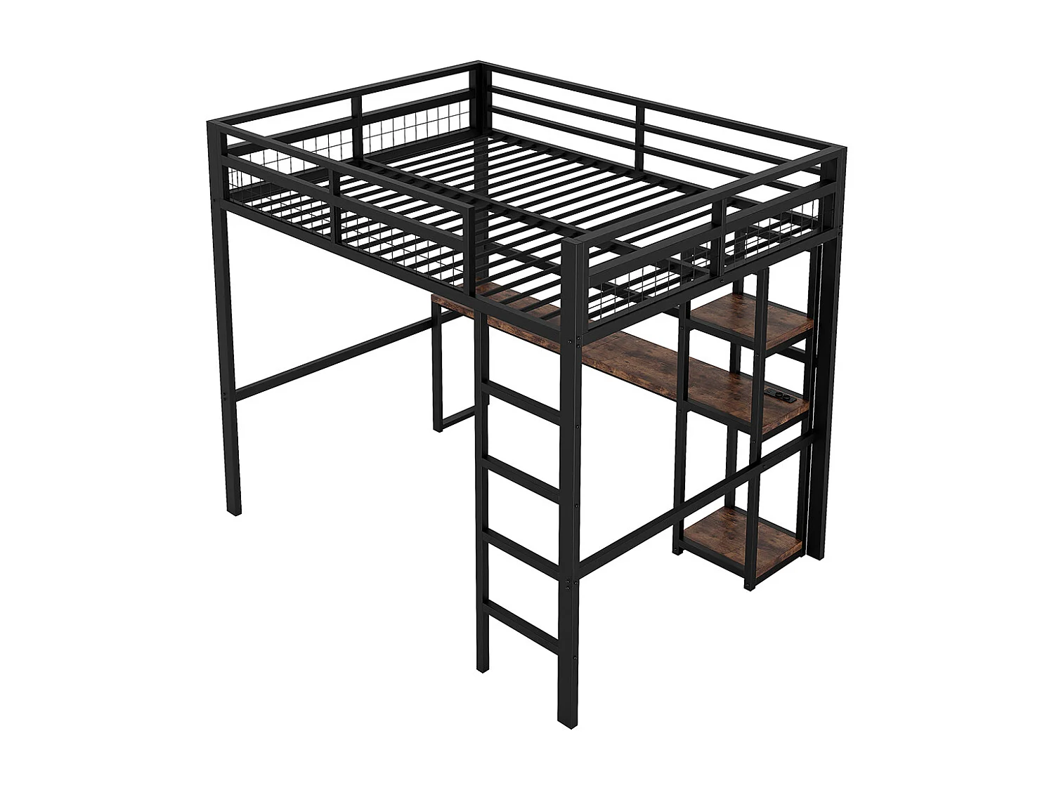Lit mezzanine 140x200cm, avec étagères, usb type-c, balustrade, escabeau, bureau avec prise, cadre en fer, noir, sans matelas