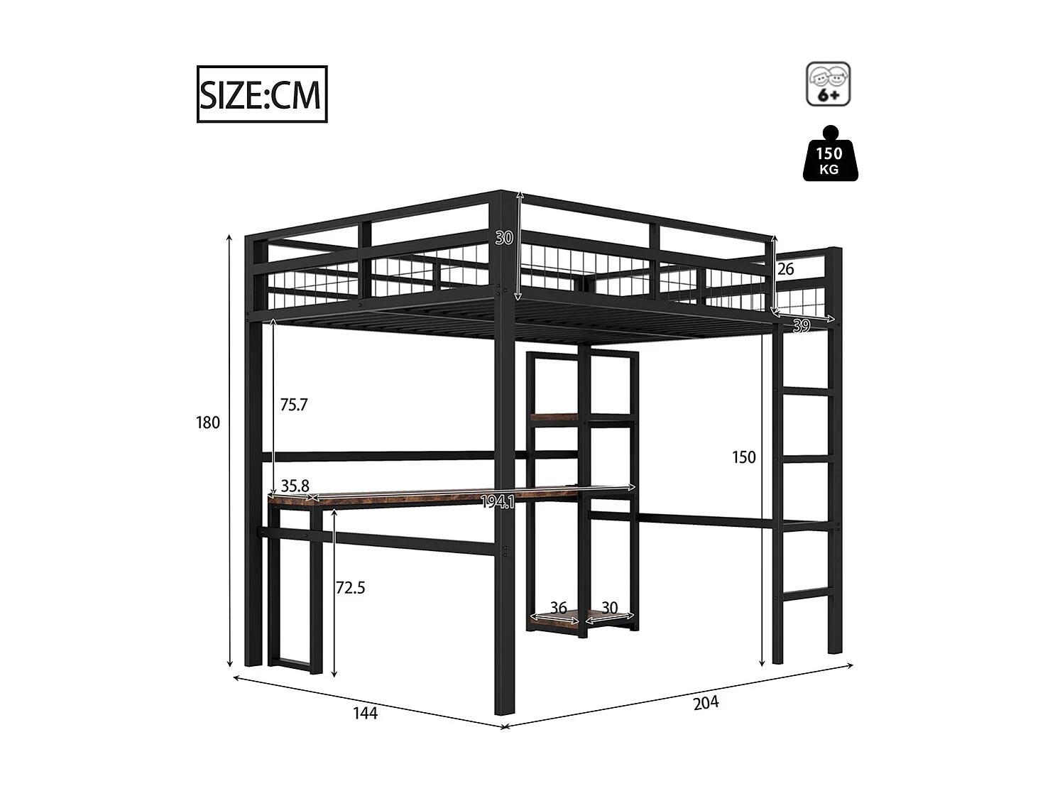 Lit mezzanine 140x200cm, avec étagères, usb type-c, balustrade, escabeau, bureau avec prise, cadre en fer, noir, sans matelas