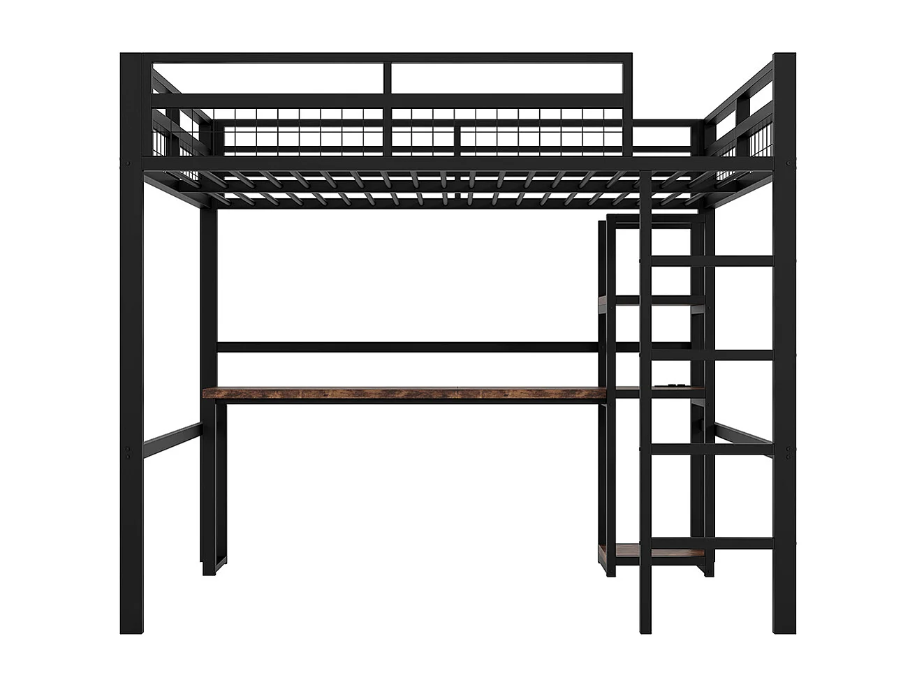 Lit mezzanine 140x200cm, avec étagères, usb type-c, balustrade, escabeau, bureau avec prise, cadre en fer, noir, sans matelas