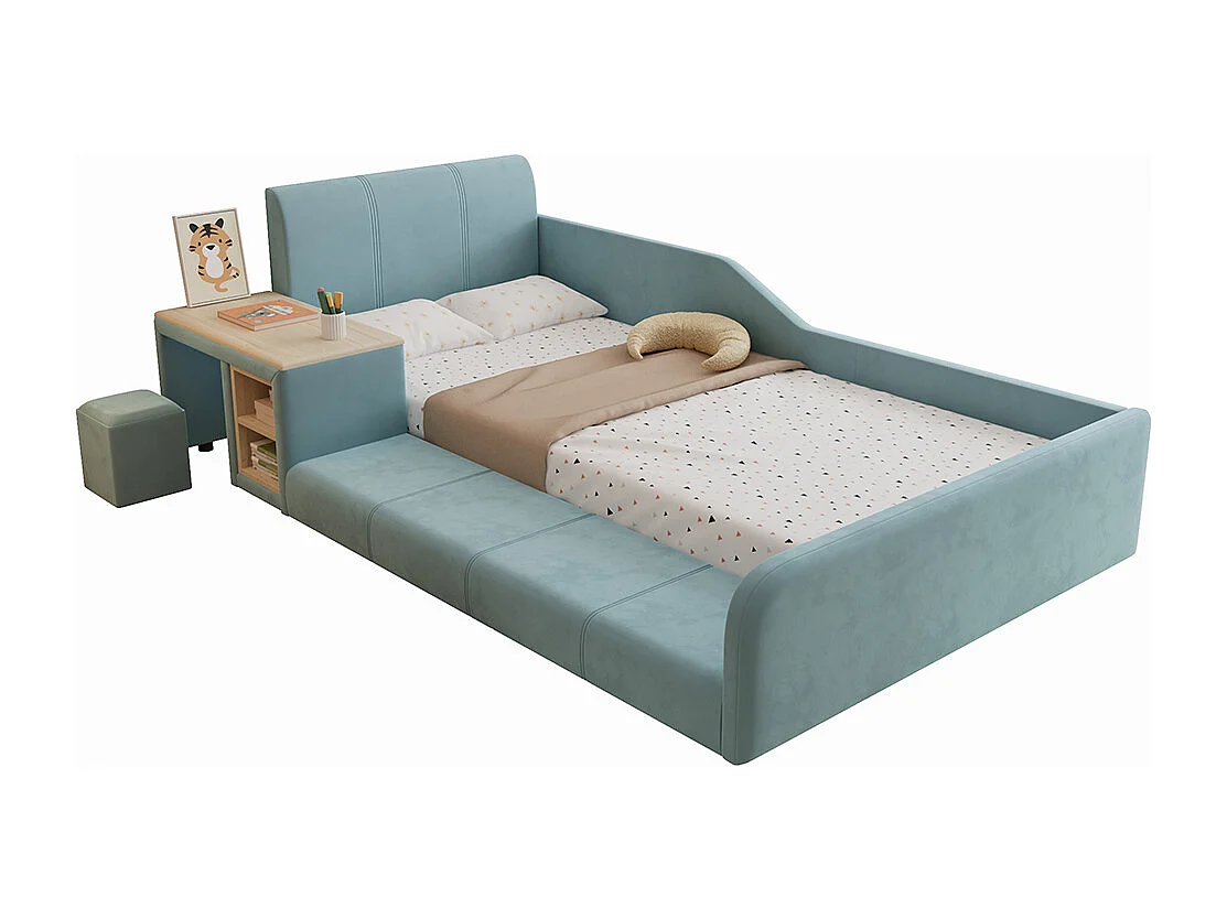Lit rembourré, lit simple 90x200cm, lit d'enfant avec bureau d'enfant, tabouret et lattes en bois, velours, bleu