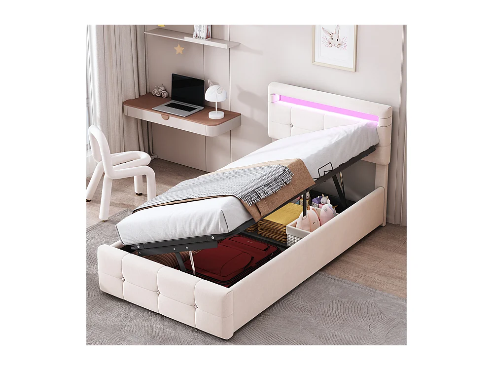 Lit d'enfant lit rembourré hydraulique 90x200 cm, lit de rangement avec éclairage led et tête de lit réglable en hauteur, lit simple, tissu velours, beige