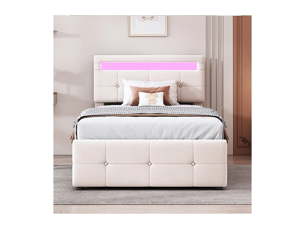 Lit d'enfant lit rembourré hydraulique 90x200 cm, lit de rangement avec éclairage led et tête de lit réglable en hauteur, lit simple, tissu velours, beige