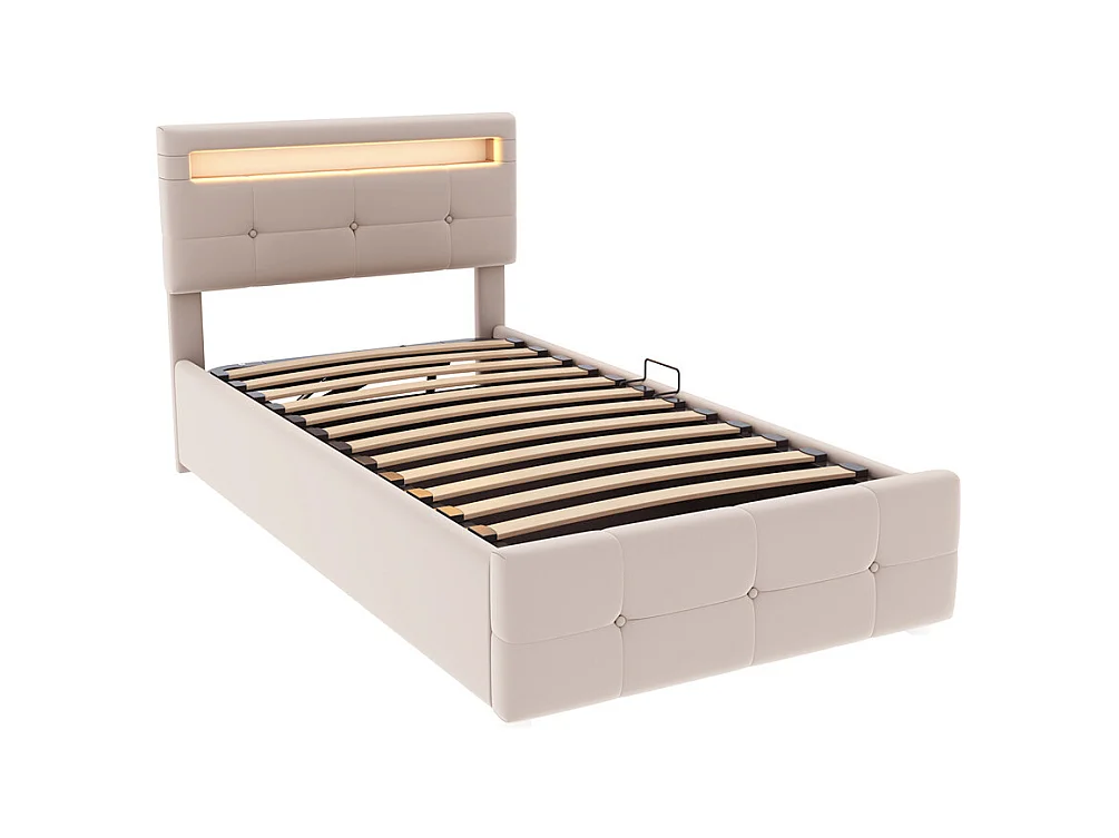 Lit d'enfant lit rembourré hydraulique 90x200 cm, lit de rangement avec éclairage led et tête de lit réglable en hauteur, lit simple, tissu velours, beige