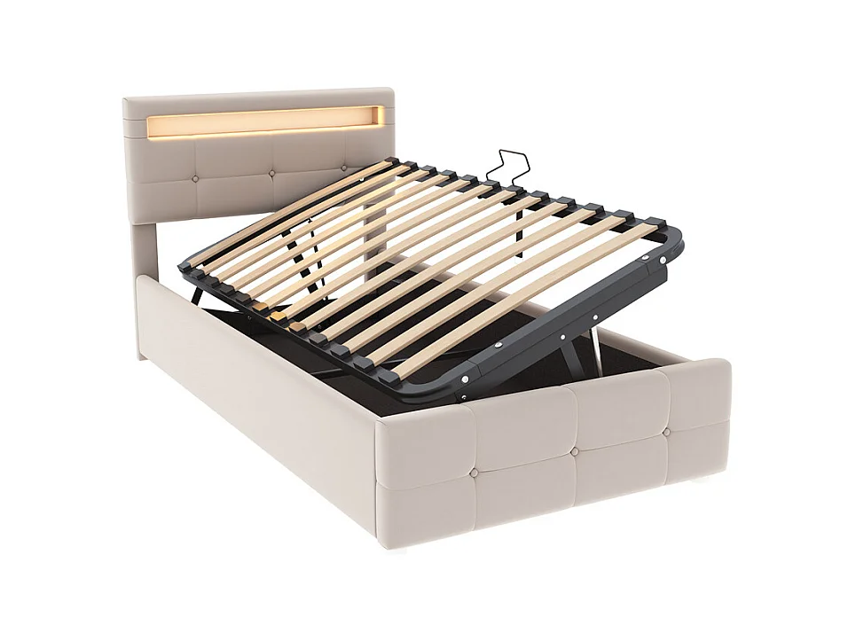 Lit d'enfant lit rembourré hydraulique 90x200 cm, lit de rangement avec éclairage led et tête de lit réglable en hauteur, lit simple, tissu velours, beige