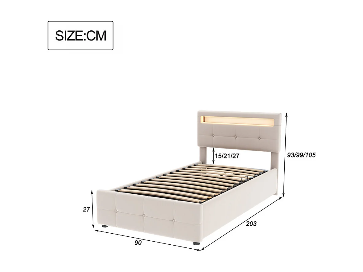 Lit d'enfant lit rembourré hydraulique 90x200 cm, lit de rangement avec éclairage led et tête de lit réglable en hauteur, lit simple, tissu velours, beige