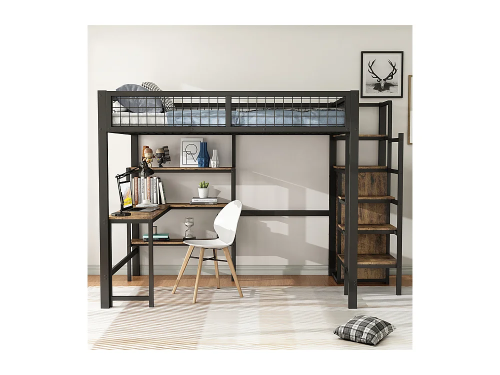 Lit jeune lit 140x200 cm lit en fer lit superposé avec armoire encastrée lit simple métal noir