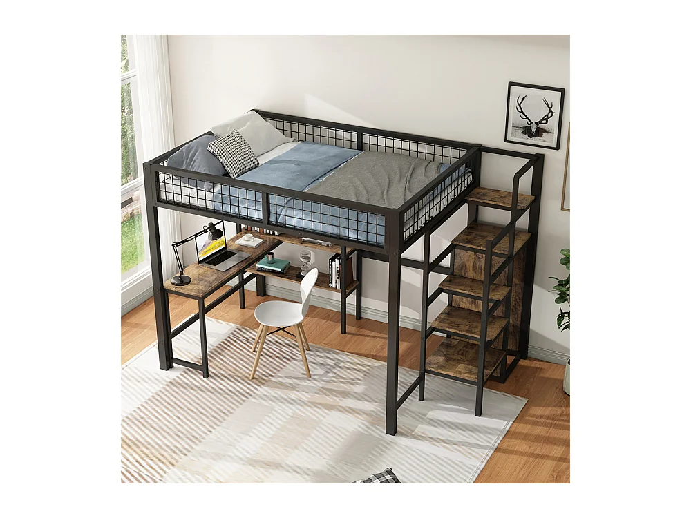 Lit jeune lit 140x200 cm lit en fer lit superposé avec armoire encastrée lit simple métal noir