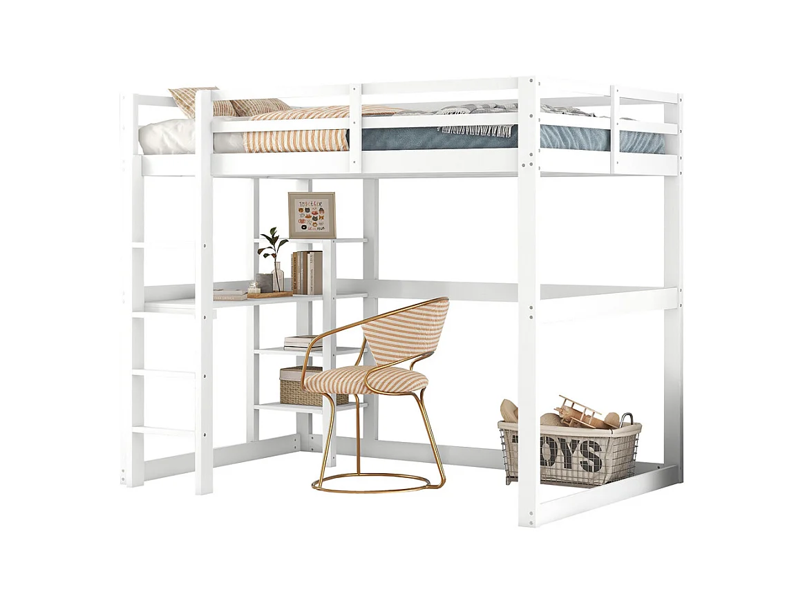 Lit mezzanine enfant 140x200 cm, entièrement en pin, avec 4 compartiments de rangement et un plateau bureau, blanc