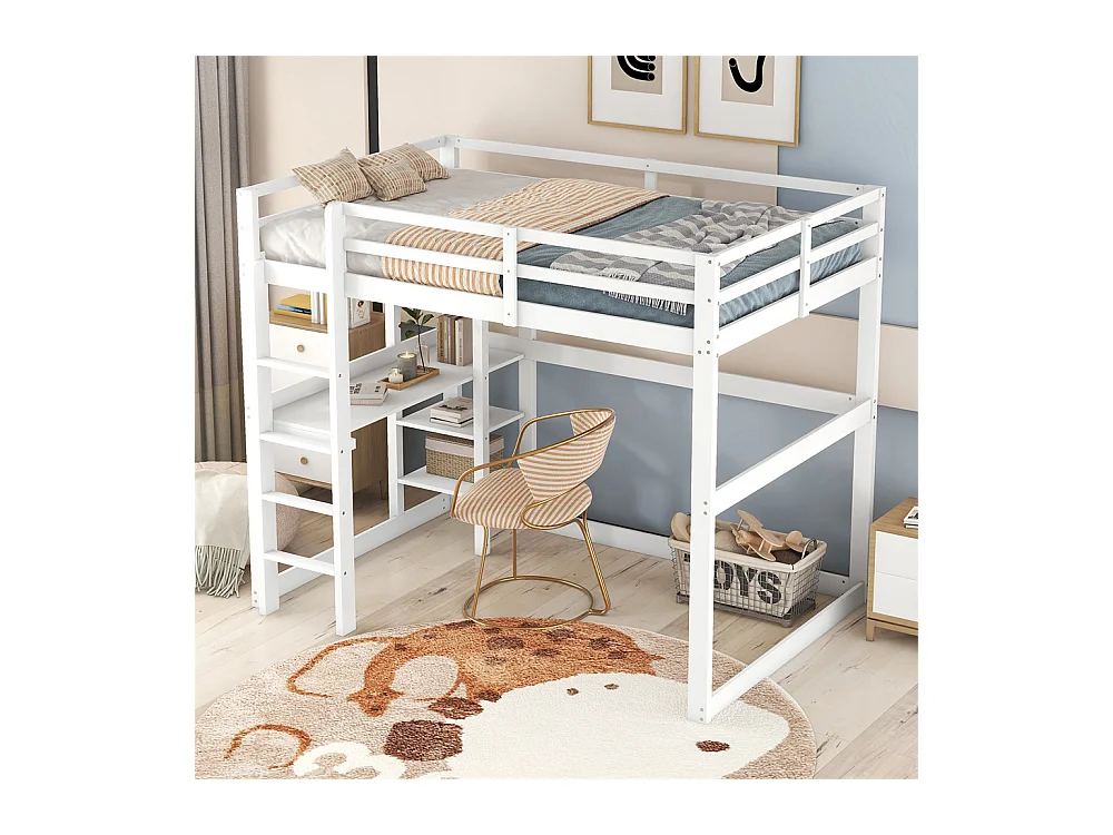 Lit mezzanine enfant 140x200 cm, entièrement en pin, avec 4 compartiments de rangement et un plateau bureau, blanc