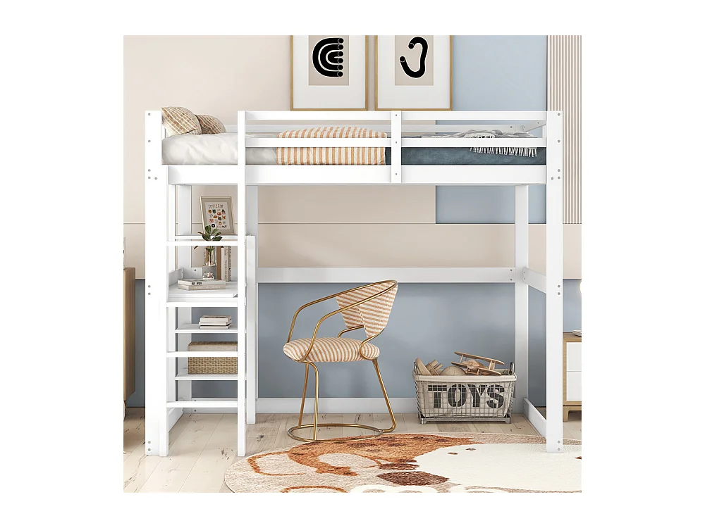 Lit mezzanine enfant 140x200 cm, entièrement en pin, avec 4 compartiments de rangement et un plateau bureau, blanc