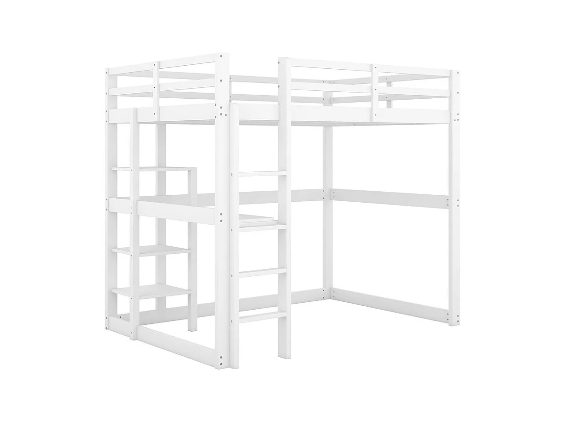 Lit mezzanine enfant 140x200 cm, entièrement en pin, avec 4 compartiments de rangement et un plateau bureau, blanc