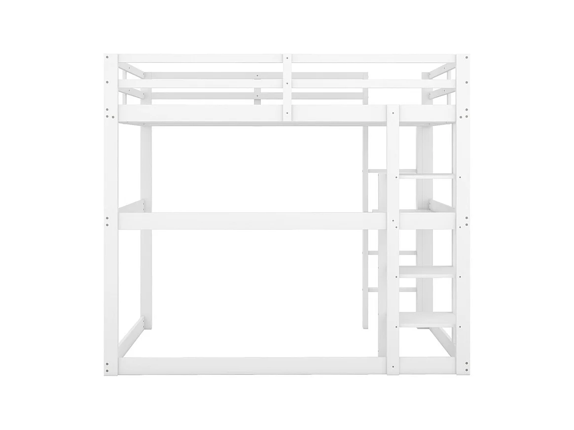 Lit mezzanine enfant 140x200 cm, entièrement en pin, avec 4 compartiments de rangement et un plateau bureau, blanc