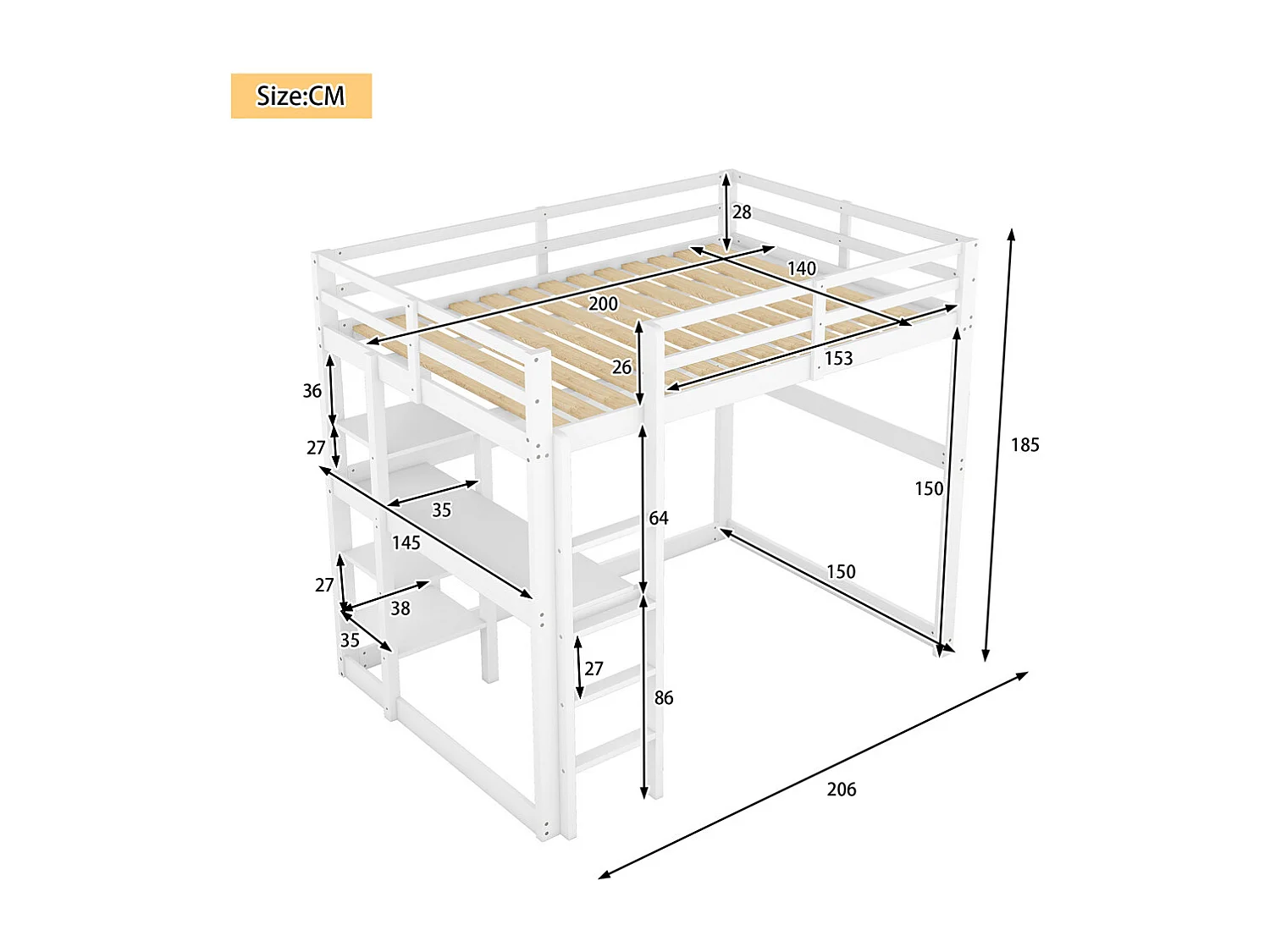 Lit mezzanine enfant 140x200 cm, entièrement en pin, avec 4 compartiments de rangement et un plateau bureau, blanc