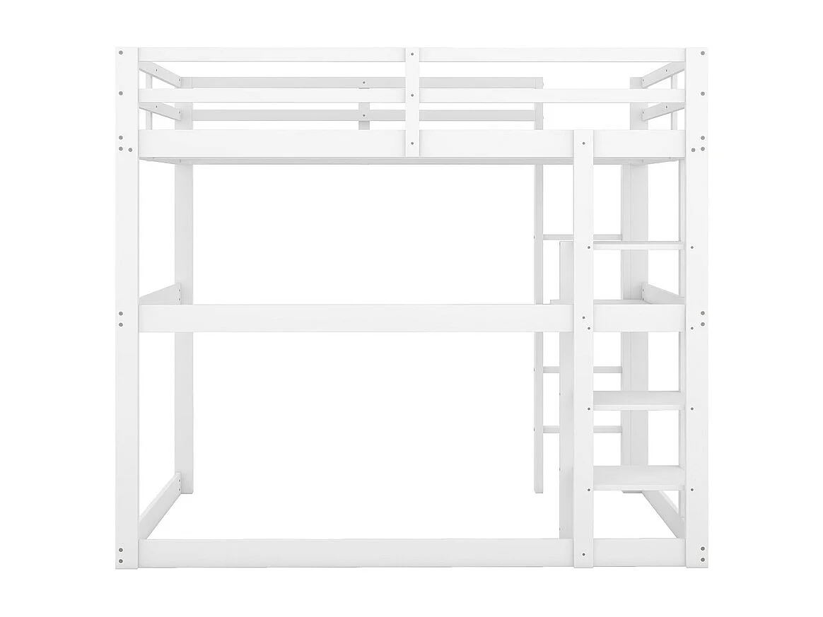 Lit mezzanine enfant 140x200 cm, entièrement en pin, avec 4 compartiments de rangement et un plateau bureau, blanc