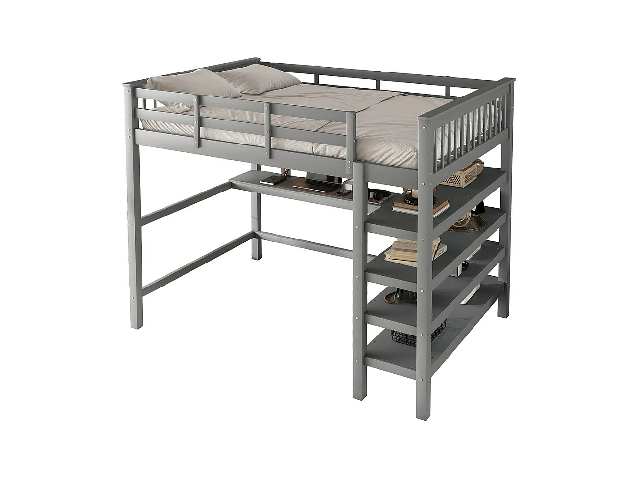 Lit mezzanine 140x200cm, lit d'enfant avec compartiments de rangement et bureau sous le lit, bois de pin et MDF, gris, sans matelas