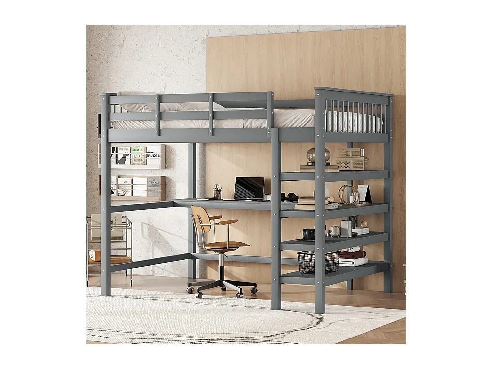 Lit mezzanine 140x200cm, lit d'enfant avec compartiments de rangement et bureau sous le lit, bois de pin et MDF, gris, sans matelas