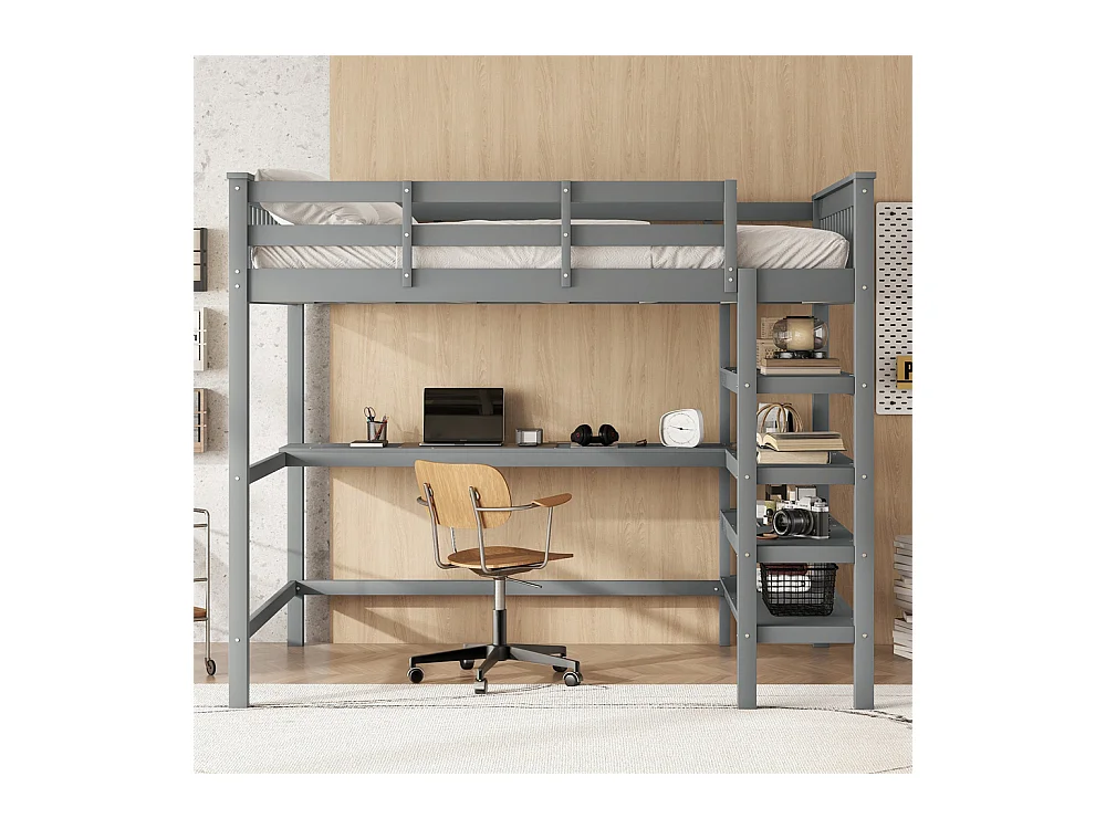 Lit mezzanine 140x200cm, lit d'enfant avec compartiments de rangement et bureau sous le lit, bois de pin et MDF, gris, sans matelas